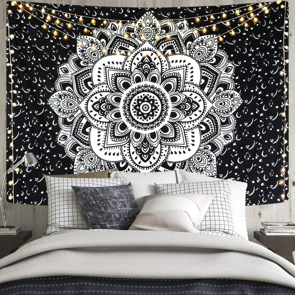 Mandala Tapestry Wall Hanging Black & Gray Wall Art Floral Decorative 51x59 Inch